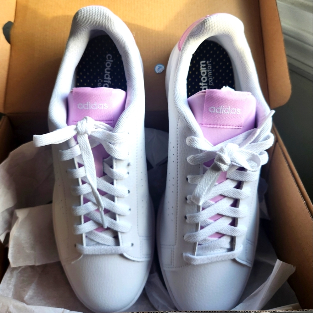 adidas women Advantage Shoes Size 10 White Lace Pink Tennis Sneaker Cloudfoam